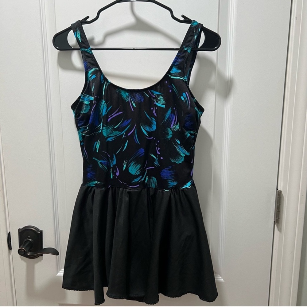 Vintage Swim Dress Black with Blue Details Size 16
